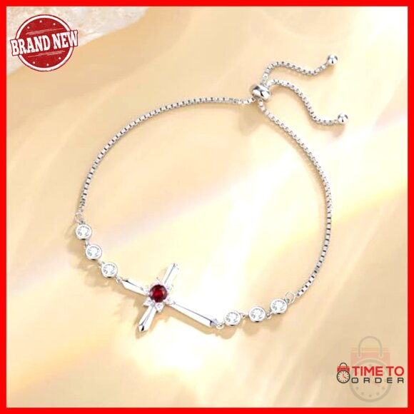 Sterling Silver Cross Bracelet with Garnet Birthstone, Adjustable Chain